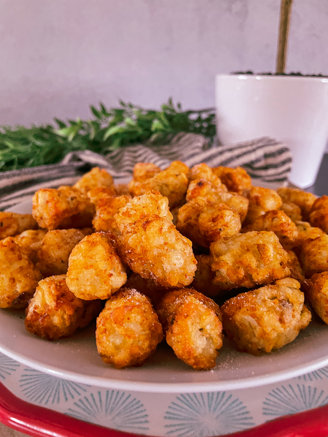 crispy air fryer tater tots on a plate ready to serve