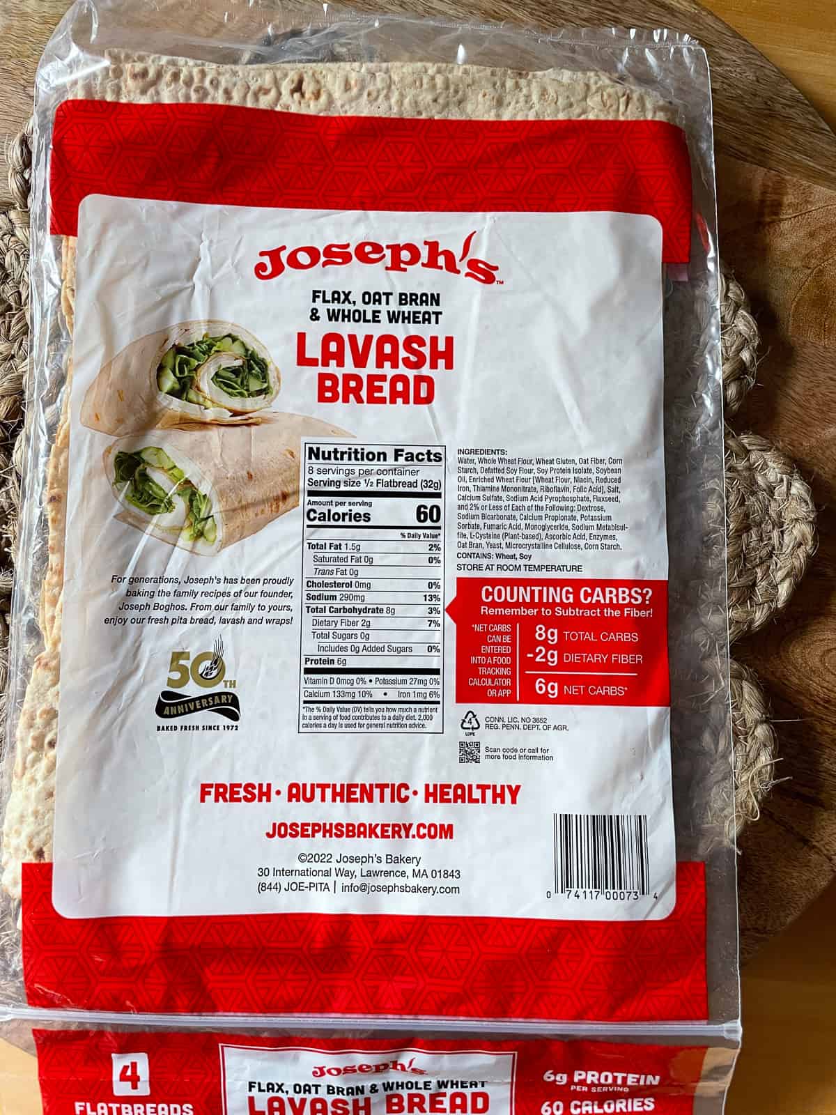 Back of packaging including nutritional information for a package of Joseph's Lavash Bread