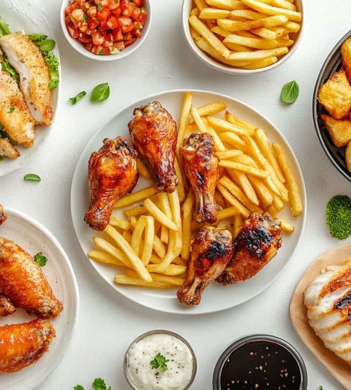 Overhead flat lay of various air fryer cooked foods including chicken wings, chicken drumsticks, french fries, roasted potatoes, and grilled chicken breast arranged on a white surface