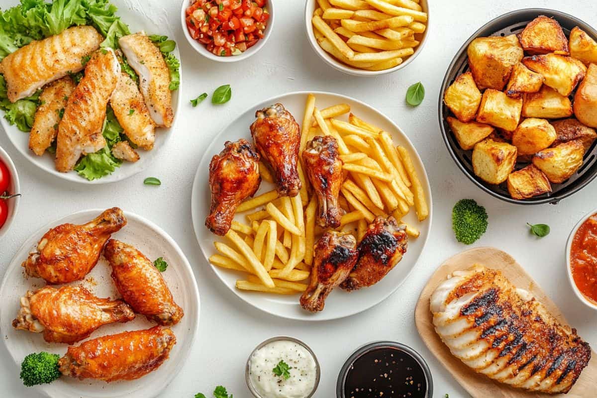 Overhead flat lay of various air fryer cooked foods including chicken wings, chicken drumsticks, french fries, roasted potatoes, and grilled chicken breast arranged on a white surface