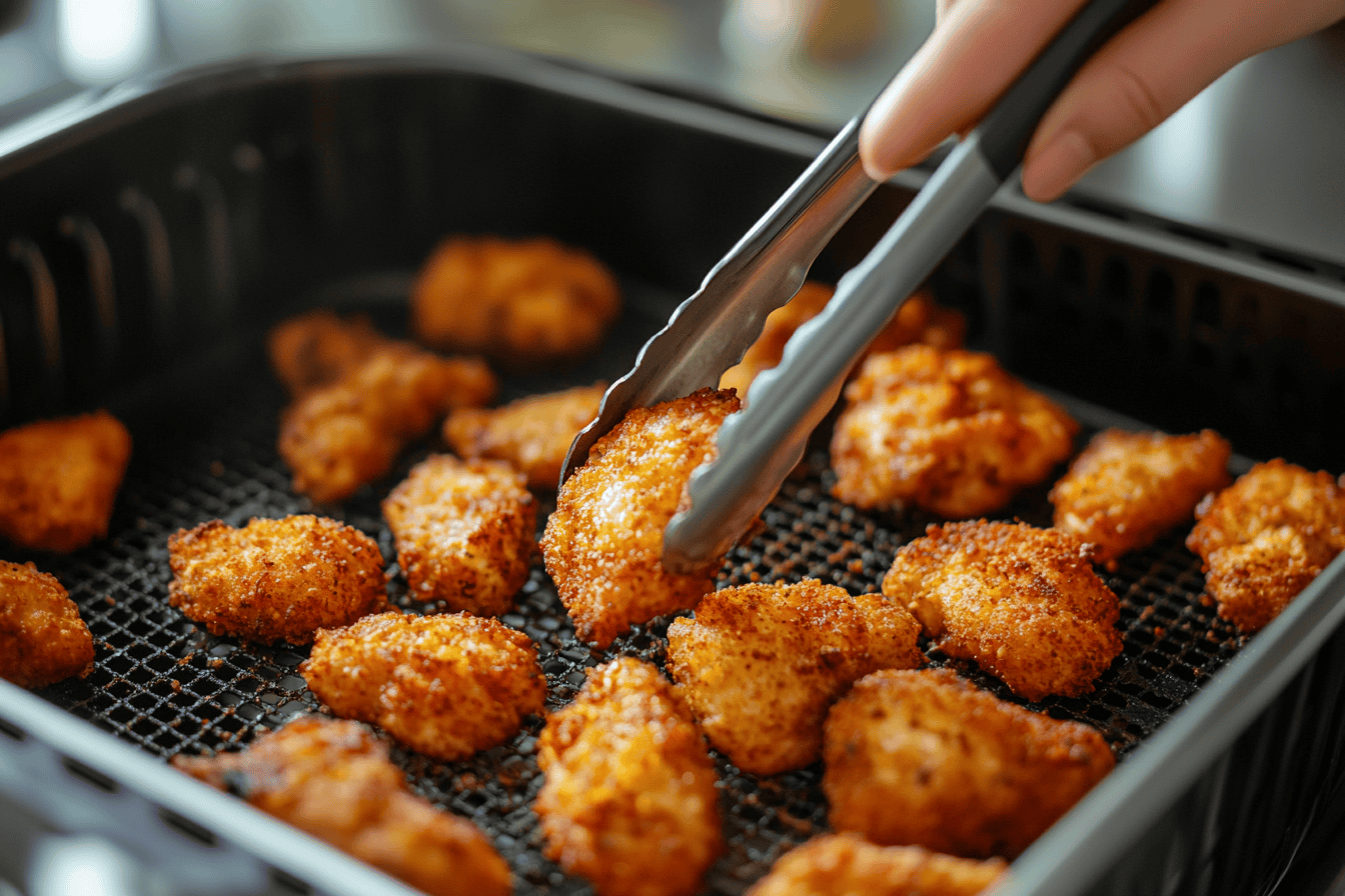 Hand using metal tongs to flip golden breaded chicken pieces in a black air fryer basket halfway through cooking